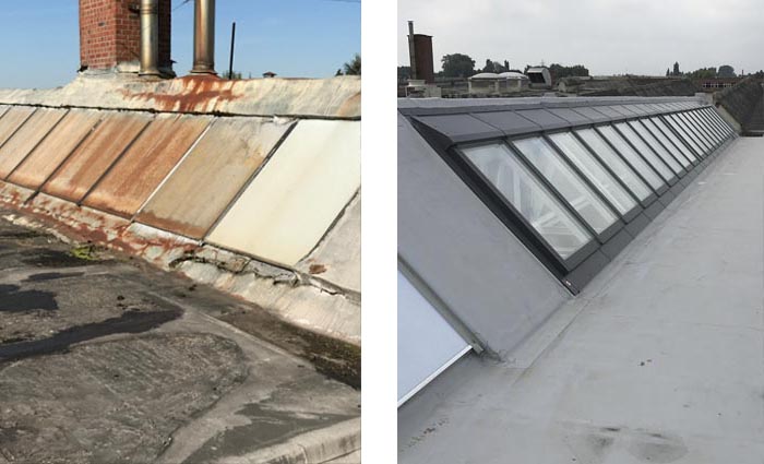 Before and after images of rooflight refurbishment with VELUX Modular skylights.
