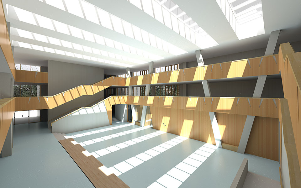 Luminance rendering under sunny sky with photo realistic image, Hessenwaldschule school project 