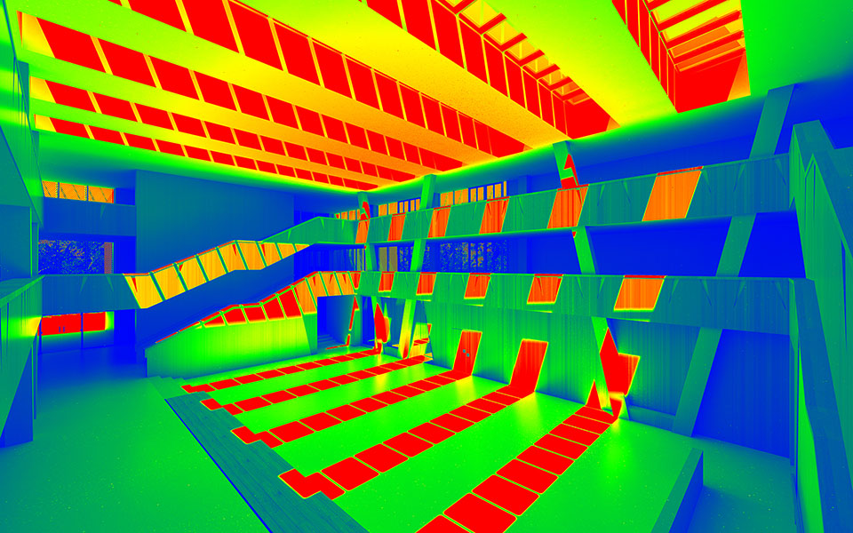 Luminance rendering under sunny sky with false color mapping, Hessenwaldschule school project 
