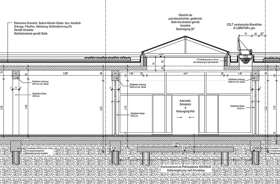Architectural drawing, section of shopping arcade with Ridgelight, Lister Markt shopping mall, Germany