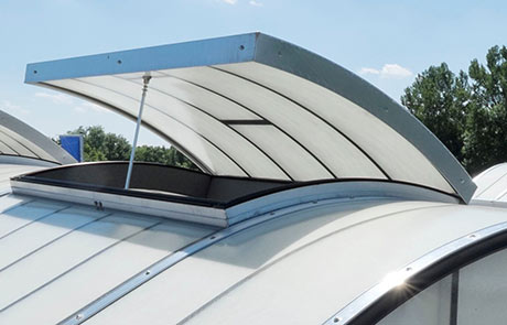 Grillodur vaulted continuous rooflights with single flaps exterior view