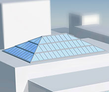 Dual pitched step solution with hipped gable installed on a flat roof