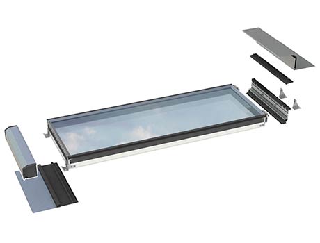 Exploded illustration of a triple glazing panel including parts of the accessories needed for installation.