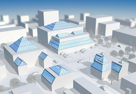 Illustration with landscape overview of the solution possibilities with VELUX Glazing Panels