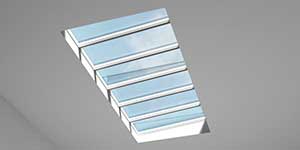 Rooflight solution with smoke ventilation and wind deflector KCD 0080. Seen from the inside.