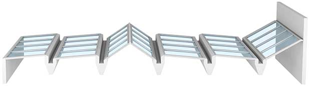 Illustration of atrium solution that combines different skylight types, Longlight, Ridgelight, Wall-mounted Longlight.